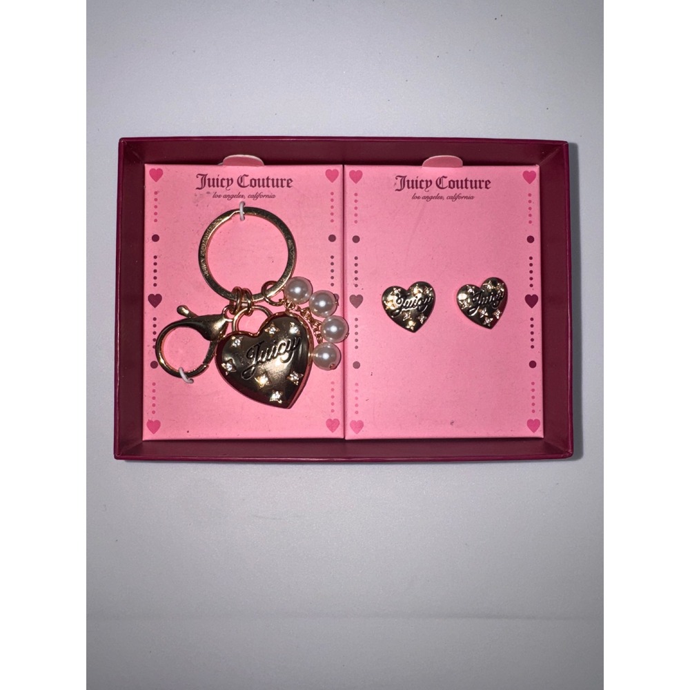 Juicy Couture Gold Heart Keychain and Stud Earrings Gift Set Faux Pearl Crystal
